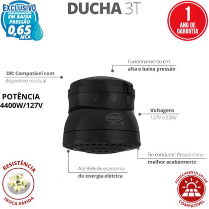 Imagem de Ducha Eletrônica 3 Temperaturas 4400W/220V Preto Durín