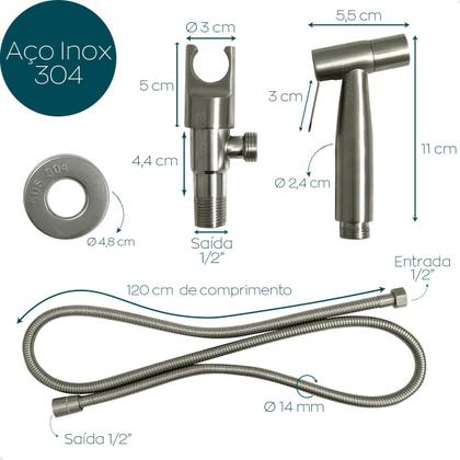 Imagem de Ducha Higienica Inox Escovado Chuveirinho Bide Banheiro 1/4 De Volta Mangueira 1,2m Ducha Completa Mangueira Flexível 150cm Aço Inox 304 Fosco Luxo