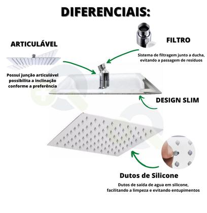 Imagem de Ducha Quadrada 25x25cm Inox SUS304 25cm Borda Fina com Braço Quadrado 40cm