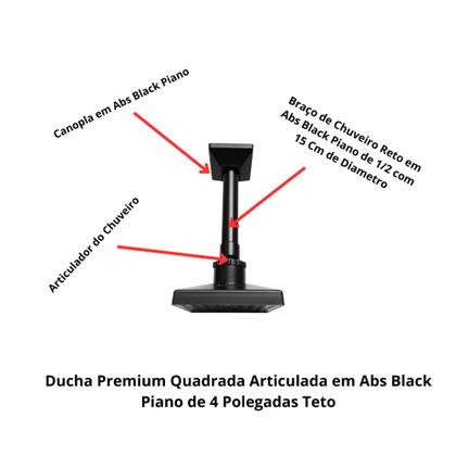 Imagem de Ducha Quadrada Articulada em Abs Black Piano de 4 Polegadas de 1/2 Teto Luxo Agua Quente Agua Fria