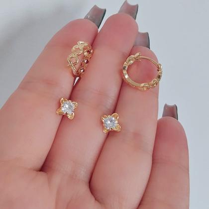 Imagem de Dupla de Brincos Folheado a Ouro Argola e Flor com Zircônia
