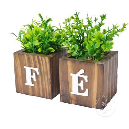 Imagem de Dupla de Vasinhos Decorativos Com Plantas Artificiais Palavra FÉ