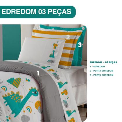 Imagem de Edredom Solteiro Infantil Estampado Peletizado 300 Fios 03 Peças Dino