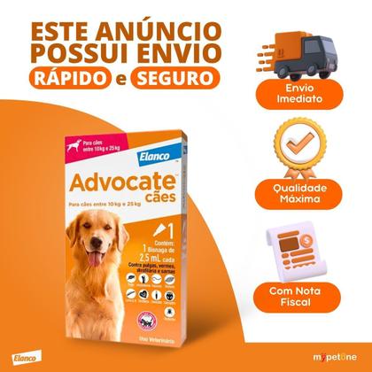 Imagem de Elanco Advocate 1 Bisnaga  2,5mL Antipulgas e Vermífugo Cães 10 a 25kg  4 semanas  Ação imediata