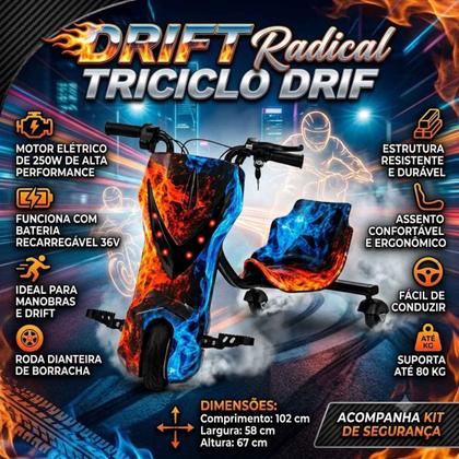 Imagem de Elétrico Triciclo Infantil Mini Drift 350w 36v Bluetooth c/ Led 3 Velocidades ate 80kg