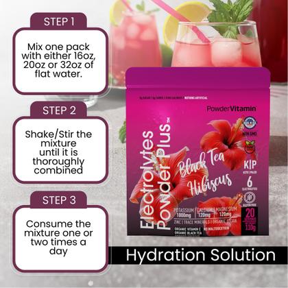 Imagem de Eletrólito em pó, vitamina C, chá preto, hibisco, ceto