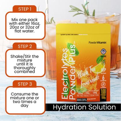 Imagem de Eletrólito em pó, vitamina C, chá preto, limonada, ceto