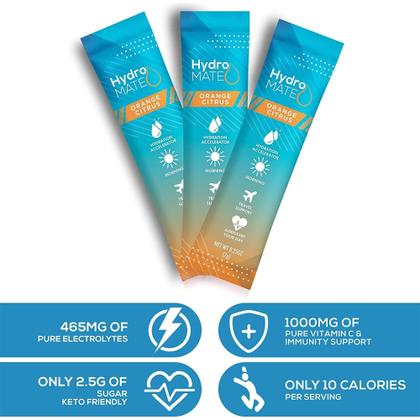 Imagem de Eletrólitos em pó HydroMate, 30 pacotes com vitamina C, laranja