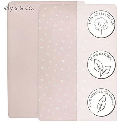 Imagem de Ely's & Co. Crib Sheet 2-Pack  Penteado, 100% Jersey Cotton for Baby Girl  Rosa de Rosewater, Pin Dots & Gingko Leaves