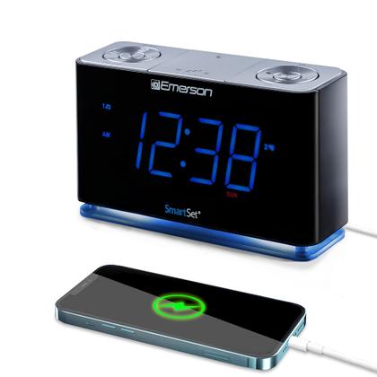 Imagem de Emerson Smartset Radio Alarm Clock, 1.4" Blue LED Digital Display, Porta de Carregamento USB, Controles de Dimmer de brilho, conectividade Bluetooth, definir alarme para rádio, música ou buzzer, relógio de cabeceira, preto