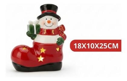 Imagem de Enfeite Boneco De Neve Led Cerâmica 18x10cm Decoração Vermelho Boneco De Neve Bota