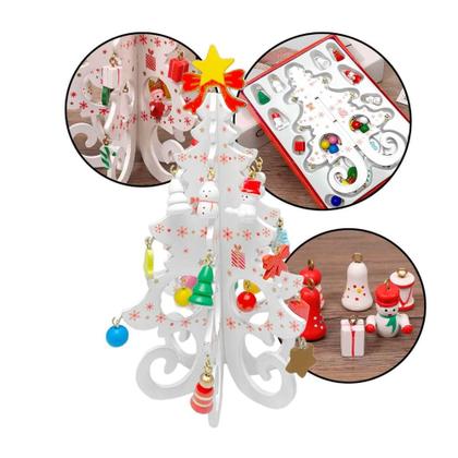 Imagem de Enfeite de Mesa Natalino Mini Árvore de Natal em Madeira 20cm com Enfeites e Laço Branco - Genérica