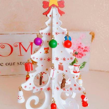 Imagem de Enfeite de Mesa Natalino Mini Árvore de Natal em Madeira 20cm com Enfeites e Laço Branco - Genérica