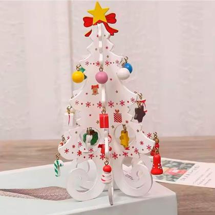 Imagem de Enfeite de Mesa Natalino Mini Árvore de Natal em Madeira 20cm com Enfeites e Laço Branco - Genérica