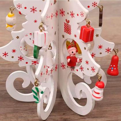 Imagem de Enfeite de Mesa Natalino Mini Árvore de Natal em Madeira 20cm com Enfeites e Laço Branco - Genérica
