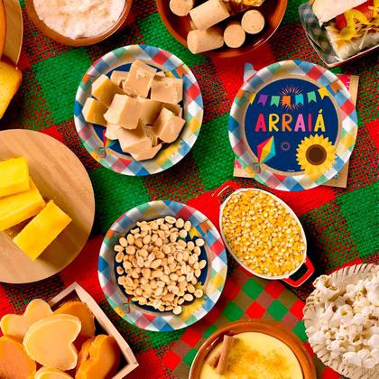 Imagem de Enfeite Festa Junina de Mesa Kit 8 Pratinhos de Papel Descartável Com Balão e Bandeirinhas de São João