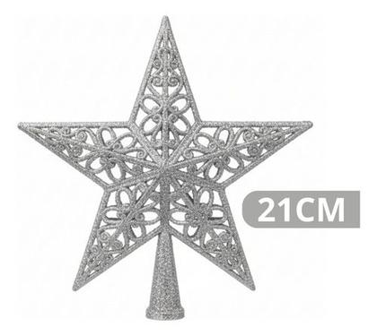 Imagem de Enfeite Ponteira Estrela Vazada 21cm Prateado Árvore Natal Prateado Estrela Vazada Glitter