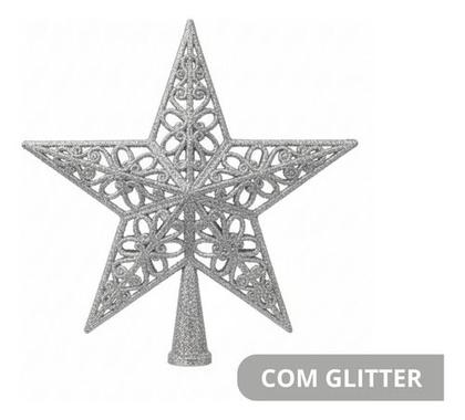 Imagem de Enfeite Ponteira Estrela Vazada 21cm Prateado Árvore Natal Prateado Estrela Vazada Glitter