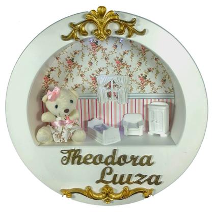 Imagem de Enfeite Porta Maternidade Cenário Nicho Led + nome - JARDIM BRANCO FLORIDO E DOURADO