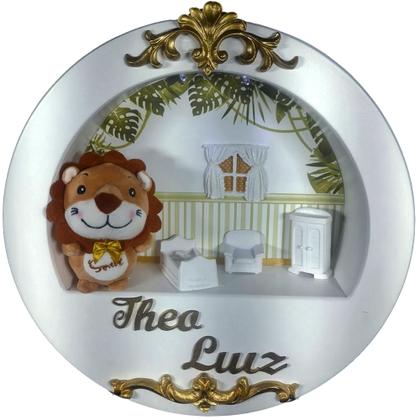 Imagem de Enfeite Porta Maternidade Cenário Nicho Led + nome - SAFARI SELVA LEAO BRANCO E DOURADO