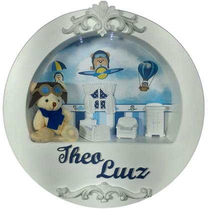 Imagem de Enfeite Porta Maternidade Cenário Nicho Led + nome - URSO AVIADOR AVIAO BALAO
