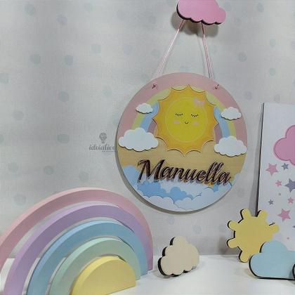 Imagem de Enfeite Porta Maternidade Sol e Nuvens com Aplique em 3D - 25 cm de Diâmetro