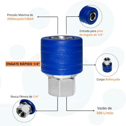 Imagem de Engate Rápido De Ar 1 4 Fêmea Azul Kit Com 10 Unidades