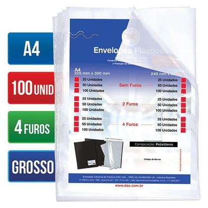 Imagem de Envelope Plastico DAC A4 Grosso e 4 Furos 100 UNID