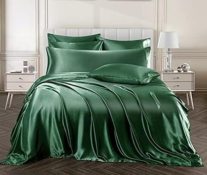 Imagem de Ersmak 7 peças folhas de cetim Conjunto Queen Size, Luxury Silky Emerald Green Satin Bed Sheets Set with 1 Deep Pocket Fitted Sheet, 1 Soft Flat Sheet, 4 Queen Pillowcases e 1 Body Pillowcase