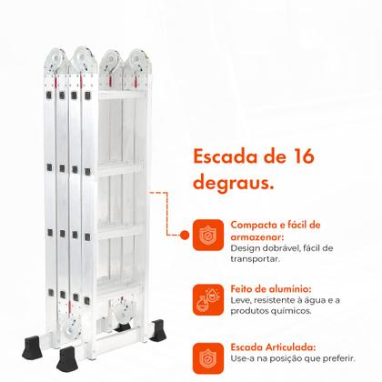 Imagem de Escada Articulada 4x4 de Alumínio Multifuncional 16 Degraus e Altura 4,32 Metros Garden life