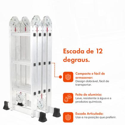 Imagem de Escada Articulada de Alumínio Multifuncional 12 Degraus 3,32 Metros de Altura