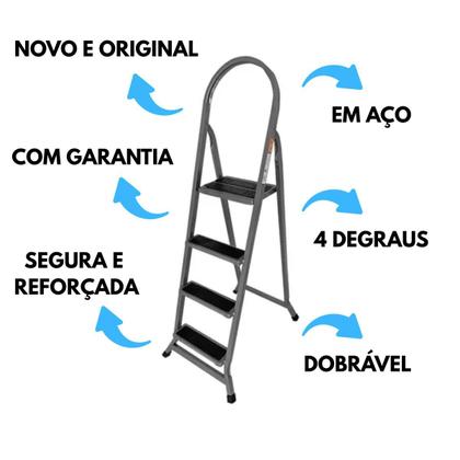 Imagem de Escada de 4 degraus Em Aço Cinza Reforçada Com Ponteiras de borracha e trava de segurança