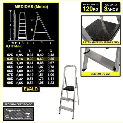 Imagem de Escada Doméstica 3 Degraus em Alumínio Até 120 KG EVE1023 EVALD