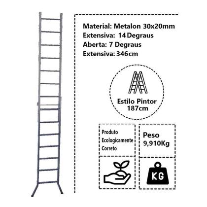 Imagem de Escada Extensiva 3 Em 1 Metalon 30x20mm 7 E 14 Degraus 187cm