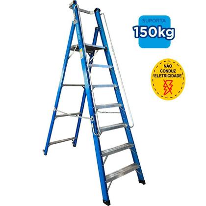Imagem de Escada plataforma fibra de vidro 6 degraus 2,1 m com rodas e corrimão - PAF210