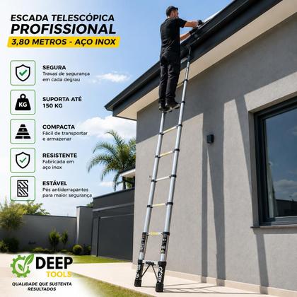 Imagem de Escada Telescópica Retrátil 3,80m 13 Degraus em Aço Inox Antiderrapante 150kg Deep Tools