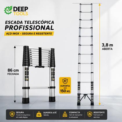 Imagem de Escada Telescópica Retrátil 3,80m 13 Degraus em Aço Inox Antiderrapante 150kg Deep Tools