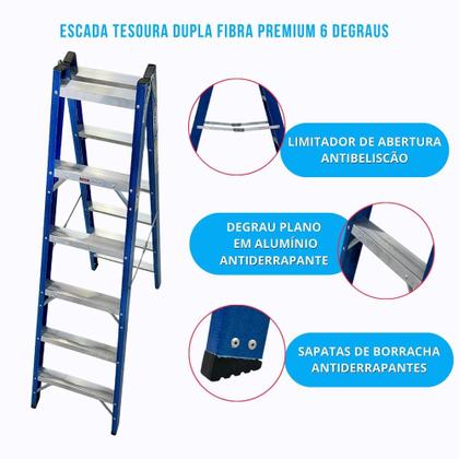 Imagem de Escada Tesoura Dupla Fibra Premium 6 Degraus 1,8Mts TAFDP6 W BERTOLO