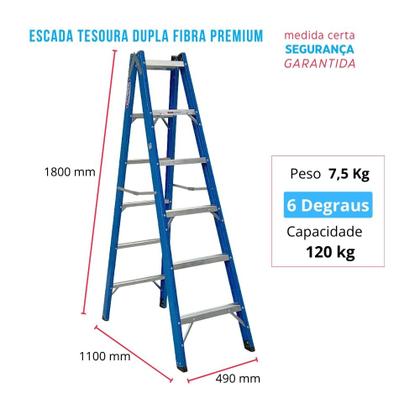 Imagem de Escada Tesoura Dupla Fibra Premium 6 Degraus 1,8Mts TAFDP6 W BERTOLO