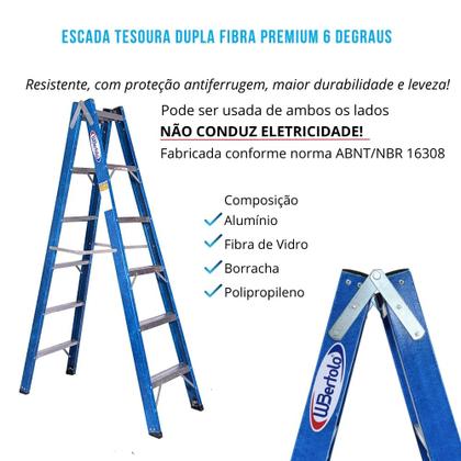 Imagem de Escada Tesoura Dupla Fibra Premium 6 Degraus 1,8Mts TAFDP6 W BERTOLO