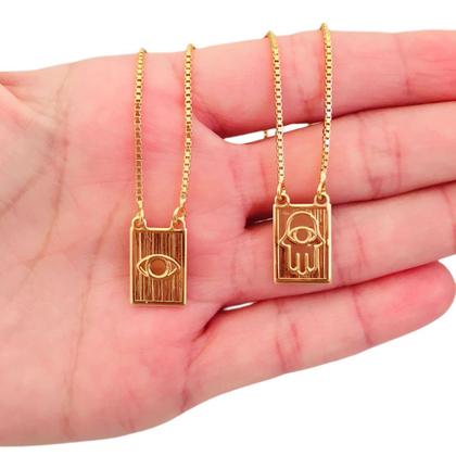 Imagem de Escapulário Olho Grego e Mão Hamsá Folheado a Ouro 18k