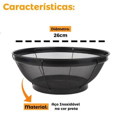 Imagem de Escorredor Arroz Multiuso Em Aço Inox Preto Grande Macarrão Peneira Cozinha Coar Cozinhar 26cm