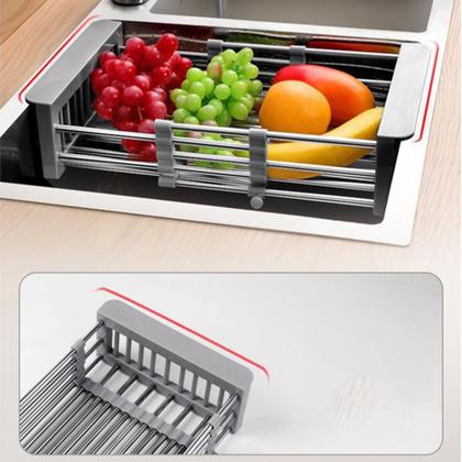 Imagem de Escorredor Cesto Multiuso Inox Ajustavel Resistente Pia Balcao Regulavel Alimento Louça Multifuncional Cozinha Casa Organizador