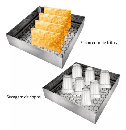 Imagem de Escorredor De Fritura Gordura Pastel Aço Inox Brilhante 30x30cm Multiuso Secador Copos