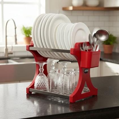 Imagem de Escorredor de Louça 12 Pratos Vermelho em aço Inox Alto com Porta Talheres Cozinha Casa Escorredor louca Organizador