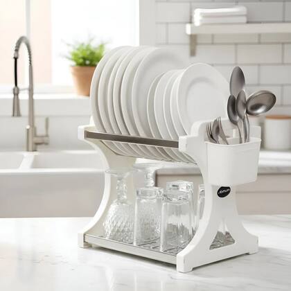 Imagem de Escorredor de Louça 16 Pratos Branco em aço Inox com Porta Talher Cozinha Organizador Pia Cozinha Casa Escorredor louca