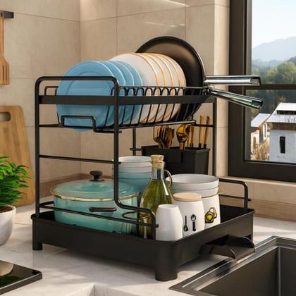 Imagem de Escorredor De Louça 2 Andares Com Drenagem Automática e Porta Talheres