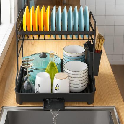 Imagem de Escorredor De Louça 2 Andares Com Drenagem Automática e Porta Talheres