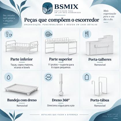 Imagem de Escorredor de Louça 2 Andares Dreno 360 11 Pratos BSMIX Branco Porta Talheres Suporte Tábua