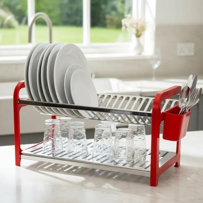 Imagem de Escorredor de Louça 20 Pratos Vermelho em aço Inox com Porta Talher Organizador Pia